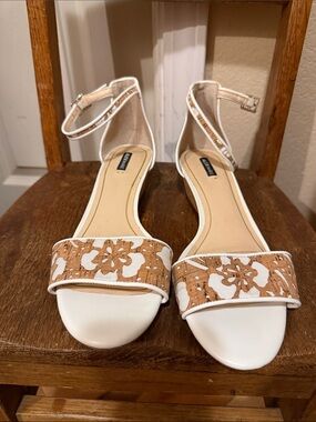 Alex Marie White and Tan Floral Cork-Accent Ankle Strap Sandals